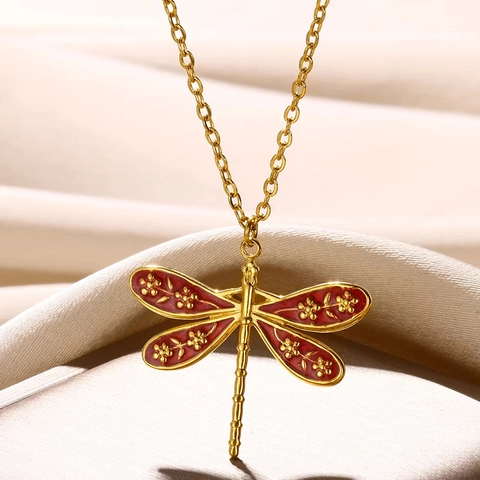 Collana Con Ciondolo In Acciaio Inossidabile Vintage Libellula Farfalla Ciliegia Fiore Animale Frutta Smalto Gioielli Per Donne