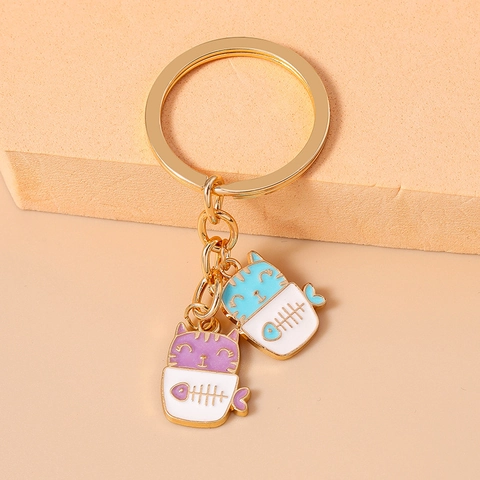 Cute Cartoon Cat In Cup Keychain Zinc Alloy Enamel Animal Charms Fishbone Pattern Key Ring Pendant Gift Decorative