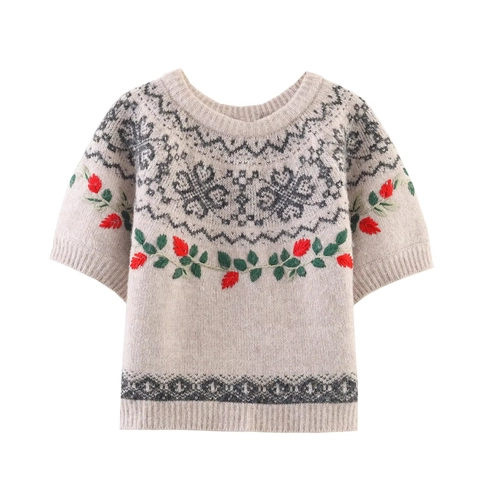 Damen Retro Kurzarm Strickpullover Blumenstickerei Rundhals Fair Isle Jacquard Elegant Vintage Oberteil