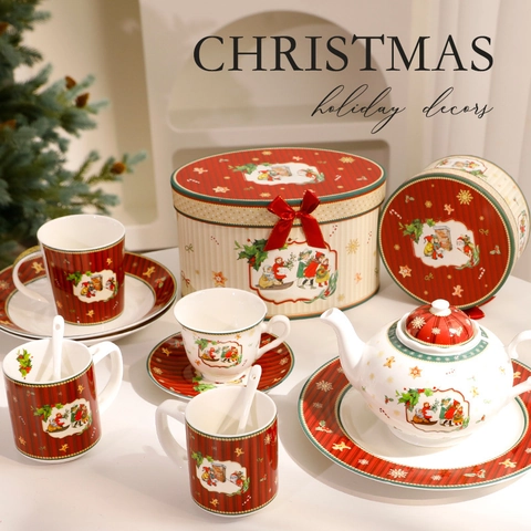 Christmas Ceramic Tableware Collection Vintage Holiday Illustration Microwave Dishwasher Safe Gift Mugs Plates Teapot Decorative