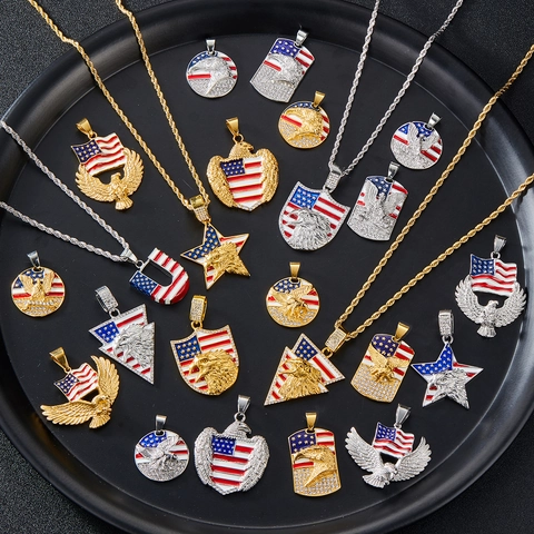 Collana Con Ciondolo Hip Hop Lega Strass Bandiera Americana Aquila Smalto Catena A Corda Gioielli Alla Moda Uomo