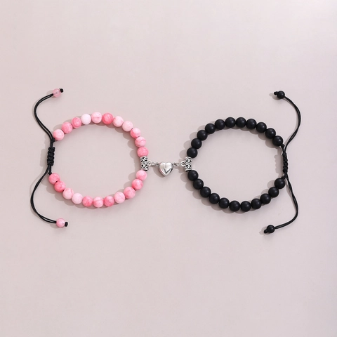 Magnetic Couple Bracelets Heart Magnet Matte Black Glass White Howlite Natural Stone Beaded Adjustable Rope Gift