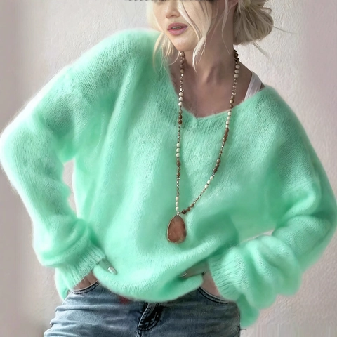 Women Loose V Neck Knit Sweater Long Sleeve Pullover Soft Mohair Texture Solid Color Casual Top Slouchy Knitwear