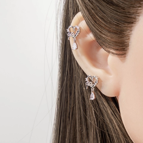 Hart Strik Oorkraakbeen Stud Met Zirkoon Waterdruppel Hanger Schroefsluiting Piercing Sieraden