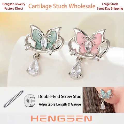 Vlinder Helix Piercing Stud Titanium Staal Emaille Hanger Druppel Zirkonia Schroefsluiting Oorbel