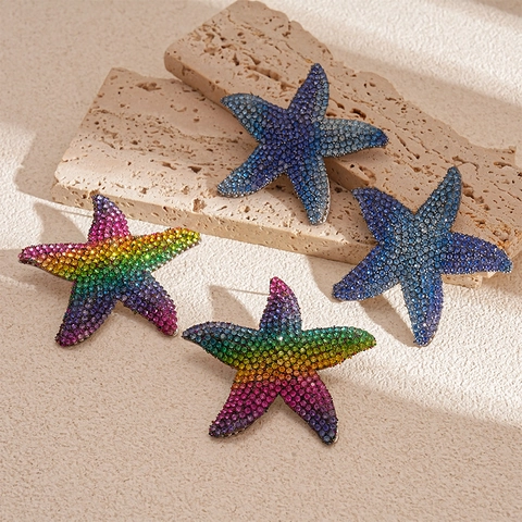 Orecchini A Stella Marina Con Perno In Argento Lega Strass Arcobaleno Blu Sfumato Gioielli Da Vacanza Per Donne