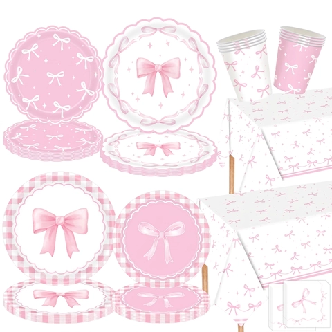 Stoviglie Per Feste Con Fiocco Acquerello Rosa Piatti Di Carta Usa E Getta Bicchieri Tovaglia Tovaglioli Posate In Plastica Compleanno