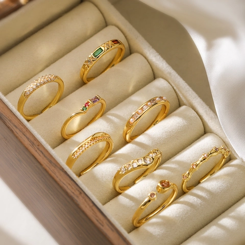 18K Vergoldeter Kupferner Offener Ring Für Frauen Minimalistischer Zirkon Verstellbarer Geometrischer Fingerschmuck
