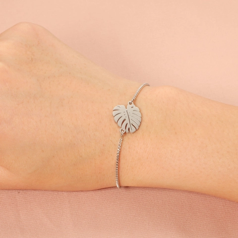 Pulsera Con Colgante De Hoja De Monstera Acero Inoxidable 304 Cadena De Caja Ajustable Joyería Elegante Para Mujer