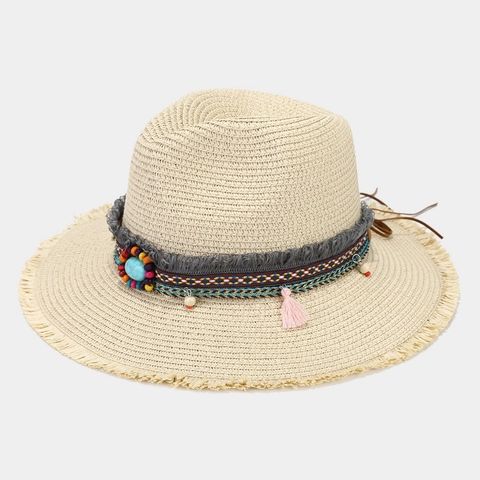 Chapeau Fedora En Paille Femmes Large Bord Bohème Gland Turquoise Protection Solaire Été Plage Vacances Panama
