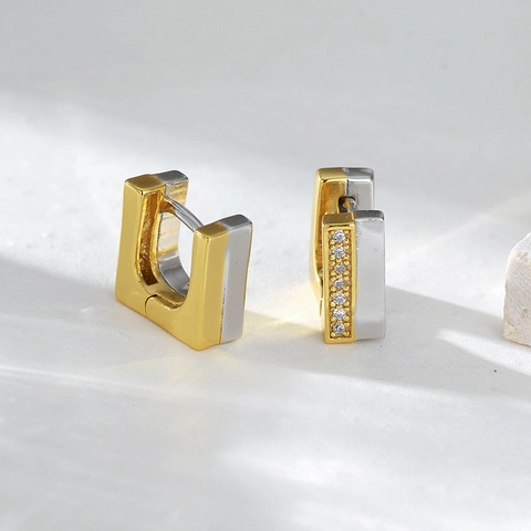 925 Sterlingsilber Quadratische Creolen Zweifarbig Gold Silber Kontrast Strass Minimalistisch Geometrisch Schmuck Für Damen