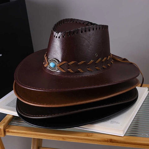 Western Cowboy Hat Wide Brim PU Leather Distressed Vintage Turquoise Decoration Adjustable Wind Rope Outdoor Sun Protection