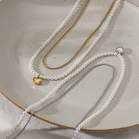 Collana A Strati Acciaio Inossidabile Pendente Cuore Künstliche Perle Gioielli Moda Elegante Per Donne Ragazze Accessori