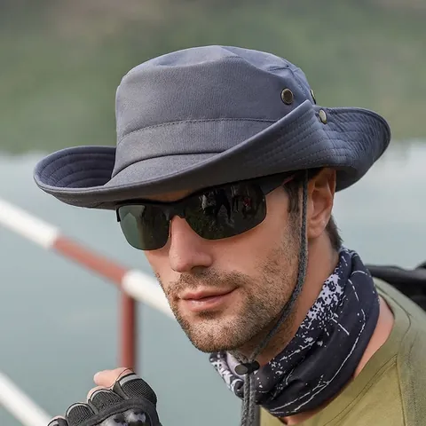 Outdoor Sun Hat Wide Brim Breathable Boonie Cap With Adjustable Windproof Rope For Men Hiking Fishing Safari