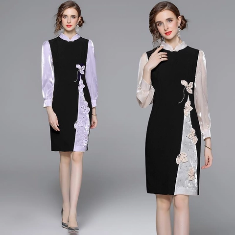 Elegante Verbeterde Cheongsam Midi-Jurk 3D Bloemig Borduurwerk Kralen Patchwork Satijnen Mouwen Opstaande Kraag Vintage