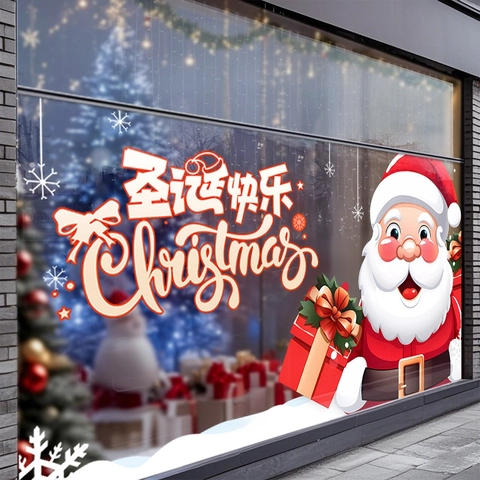 Pegatina Ventana Papá Noel Adsorción Estática PVC Color Doble Cara Dibujo Animado Copo Nieve Decoración Puerta Cristal