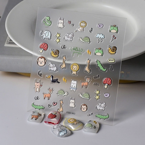 5D Embossed Nail Art Stickers Relief Self Adhesive Waterproof Cute Cartoon Jungle Zoo Animals Giraffe Elephant For Kids