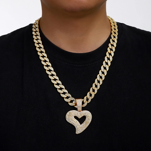 Collana Con Pendente A Cuore Grande Lega Strass Iced Out Catena Cubana Hip Hop Gioielli Di Moda Per Uomo Donna