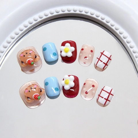 Press On Nails Cartoon Bear Flower Plaid Polka Dot Short Square Glossy ABS False Nail Tips For Kids Women