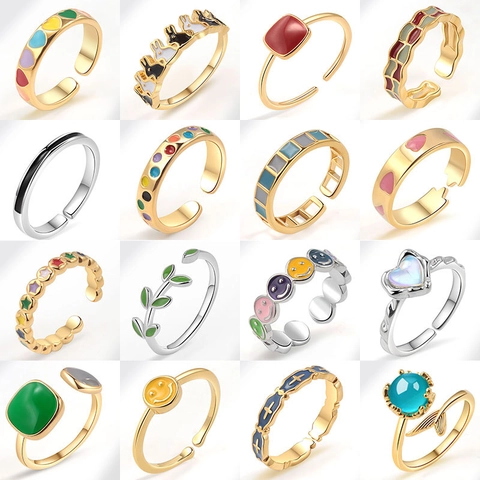 Anillo Abierto Ajustable De Cobre Chapado En Oro Esmalte Colorido Joyería De Moda Corazón Cara Sonriente