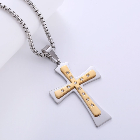 Kruis Hanger Ketting 316L Roestvrij Staal Tweekleurig Goud Zilver Strass Inleg Religieuze Sieraden Voor Heren Dames