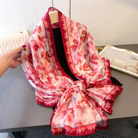 Élégant Foulard Long Pour Femme À Imprimé Floral En Polyester Imitation Satin Grand Châle Protection Solaire Mode