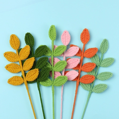 Handmade Crochet Leaf Branch Woolen Yarn Knit Artificial Plant For Home Decoration DIY Bouquet Floral Arrangement