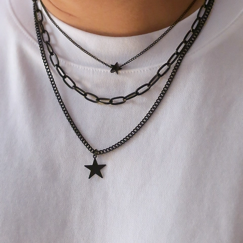 Men Black Alloy Multi Layered Necklace With Star Pendants Hip Hop Punk Style Cross Chain Trendy Jewelry For Gift