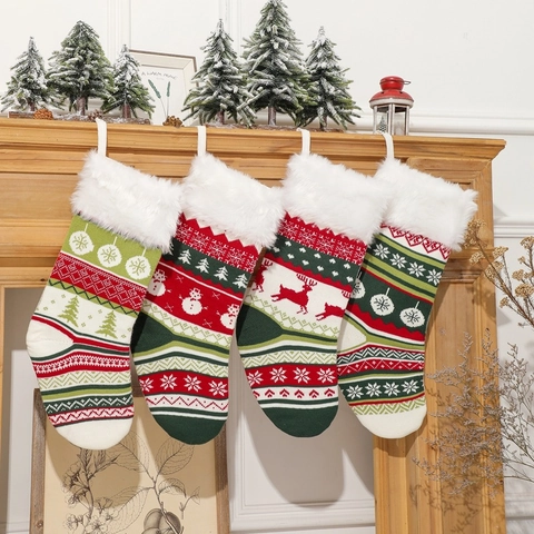 Chaussettes De Noël Tricotées Grand Sac Cadeau Motifs Classiques Renne Flocon De Neige Bonhomme De Neige Revers Fausse Fourrure Décoration
