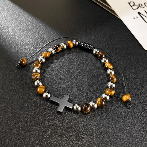 Bracciale Di Perline In Occhio Di Tigre Acciaio Inossidabile Ciondolo Croce Ematite Corda Regolabile Gioielli Religiosi Uomo Donna