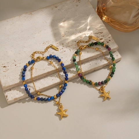 Double Layer Bracelet Stainless Steel Natural Stone Beads Starfish Pendant 18K Gold Plated Bohemian Jewelry For Women