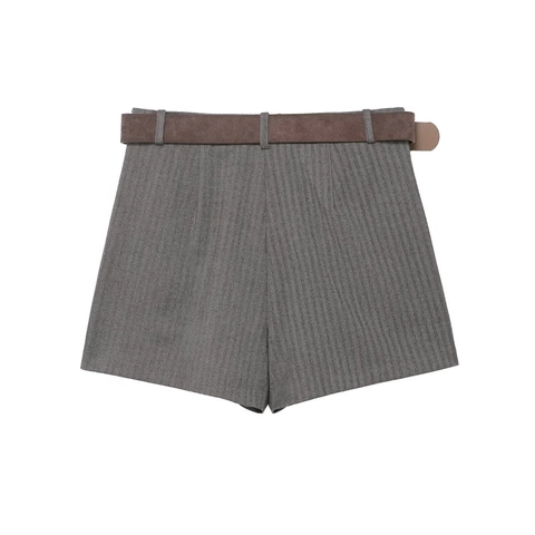 Pantalones Cortos Falda Plisada De Espiga Para Mujer Con Cinturón De Gamuza Hebilla Dorada Moda Callejera Gris
