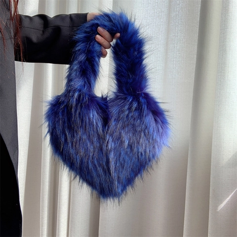 Heart Shaped Faux Fur Handbag Plush Soft Wristlet Bag Fashion Fuzzy Tote For Women Girls Kids