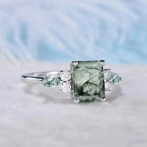 Vintage Emerald Cut Moss Agate Pattern Ring Copper Zircon Inlaid Elegant New Chinese Style Accessory For Women