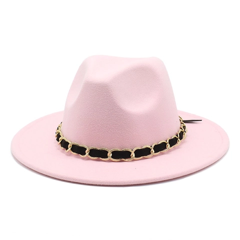 Vintage Fedora Hat Wool Felt Wide Flat Brim Gold Chain Decoration British Style Jazz Cap Unisex Elegant