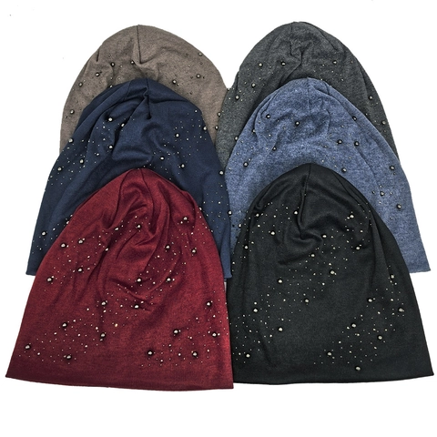 Gorro Slouchy Beanie Para Mujer Decorado Con Perlas Artificiales Punto Color Sólido Suave Ligero Accesorio De Moda