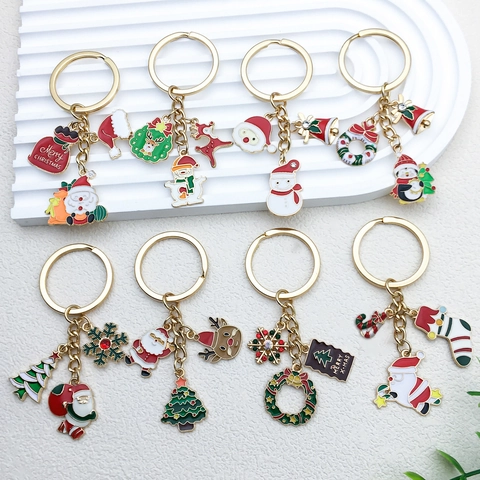 Porte-clés de Noël en Alliage de Zinc Dessin Animé Émaillé Strass Père Noël Renne Sapin Pendentif Cadeau de Vacances Anneau de Clé