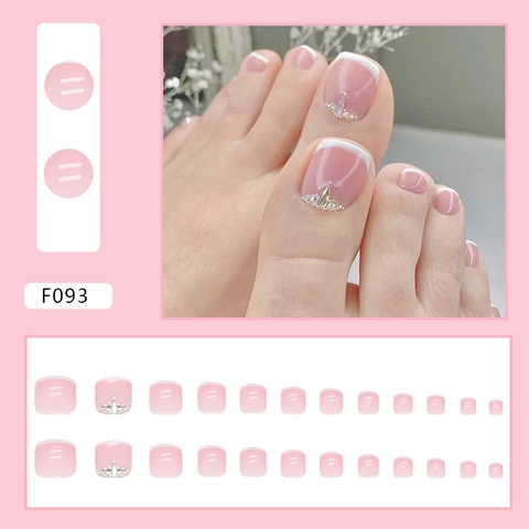 Toenail Press On Nails French Style Pink White Gradient With Rhinestones Artificial Pearls Fake Feet Nails For Women Elegant Summer Pedicure