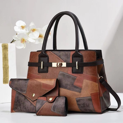 Sac À Main Femme Patchwork Tote Bag Pochette Et Porte Carte Cuir PU Sac Bandoulière Style Mode De Rue Quotidien
