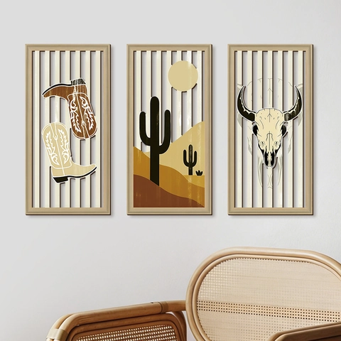 Western Cowboy Wood Wall Art Bohemian Rustic Hollow Out Plaque Desert Cactus Bull Skull Hanging For Home Farmhouse