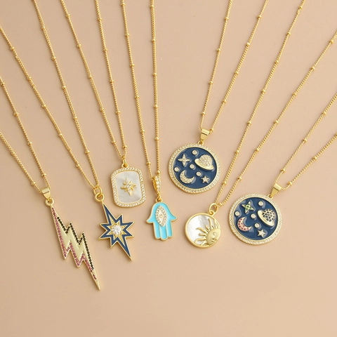 18K Vergoldete Kupfer Halskette Zirkonia Stern Mond Sonne Blitz Muschel Böser Blick Anhänger Böhmischer Schmuck Für Damen