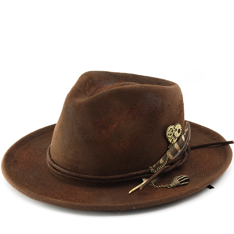 Steampunk Fedora Hat Vintage Distressed Wool Felt Wide Brim With Metal Gears Feather And Skull Hand Pendant For Unisex