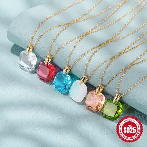 Collar Con Colgante De Cristal Cuadrado Plata De Ley S925 Chapado En Oro Lujo Elegante Joya Simple Para Mujer