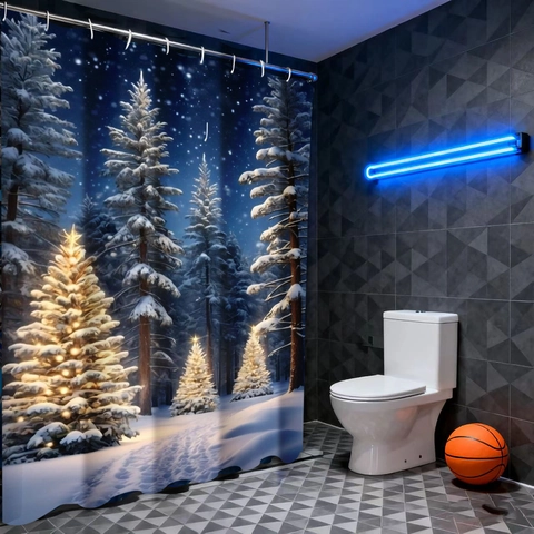 Kerst Douchegordijn Waterdicht Polyester Winter Sneeuwbos Gloeiende Bomen Sterrenhemel Badkamer Decoratie