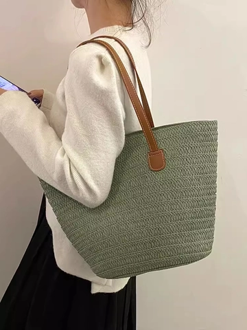 Women Large Capacity Straw Woven Tote Bag Summer Beach Vacation Shoulder Handbag With PU Leather Handle Zipper Closure