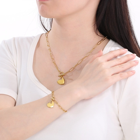 Joyas De Corazón En Acero Inoxidable Chapado En Oro De 18K Collar Pulsera Y Pendientes De Corazón Cierre De T Mujer