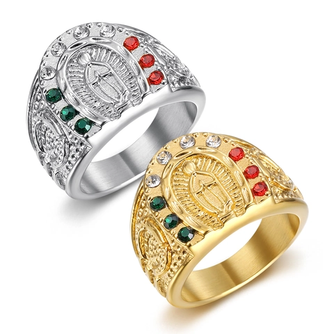 Hip Hop Men Stainless Steel Religious Ring Virgin Mary Signet Gold Silver Color Rhinestone Inlaid Gothic Punk Jewelry Gift