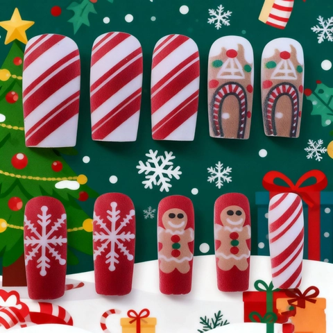 Unghie Finte Di Natale Lunghe Quadrate ABS Omino Di Panpepato Fiocco Di Neve Strisce Opache Unghie Artificiali Colla Gelatina