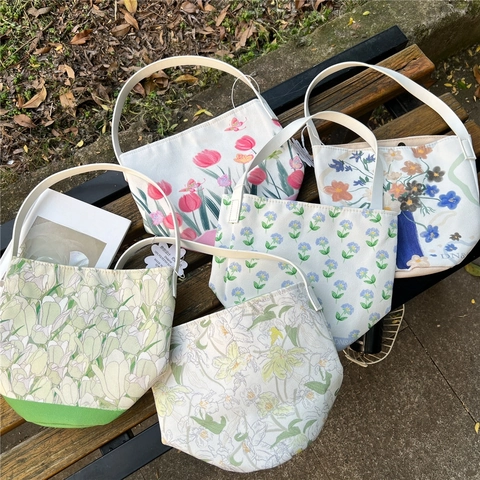 Blumendruck Leinwand Handtasche Süßes Tulpenmuster Eimer Tragetasche Lässige Reise Tägliche Pendeln Schultertasche Damen