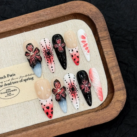 Stiletto Press On Nails Lang Puntig 3D Gesneden Bloem Gothic Donkere Stijl Kunstnagels Voor Vrouwen Party Art Decoratie